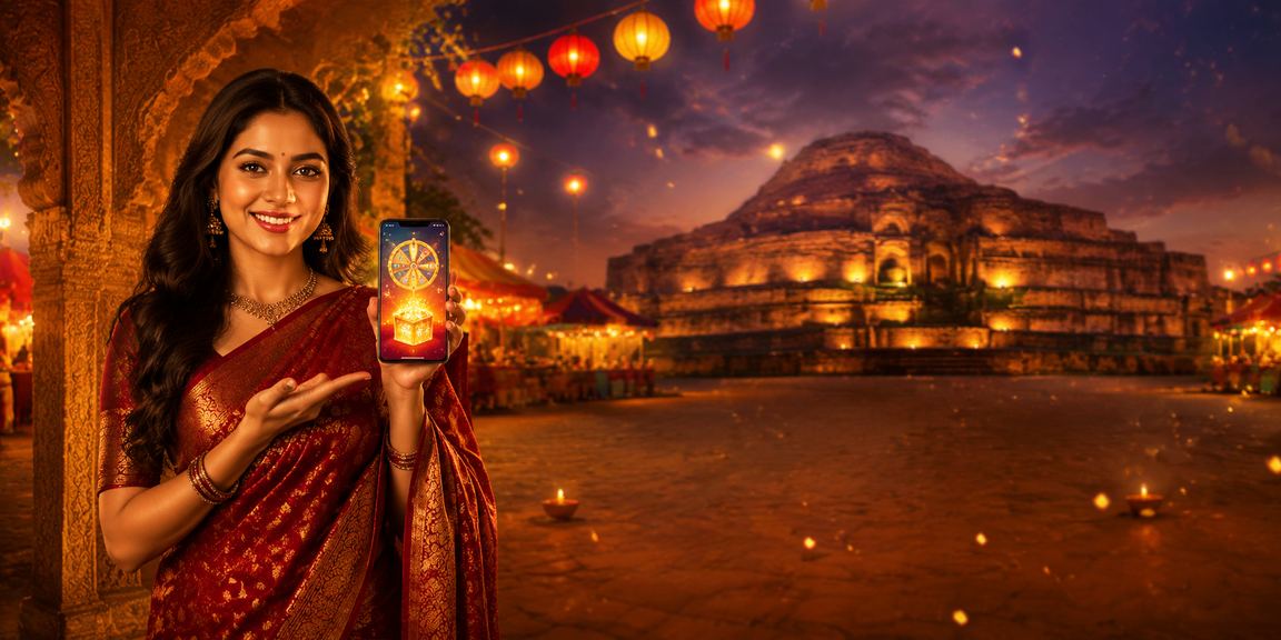 A user playing casino games on mobile at a night market in Bangladesh